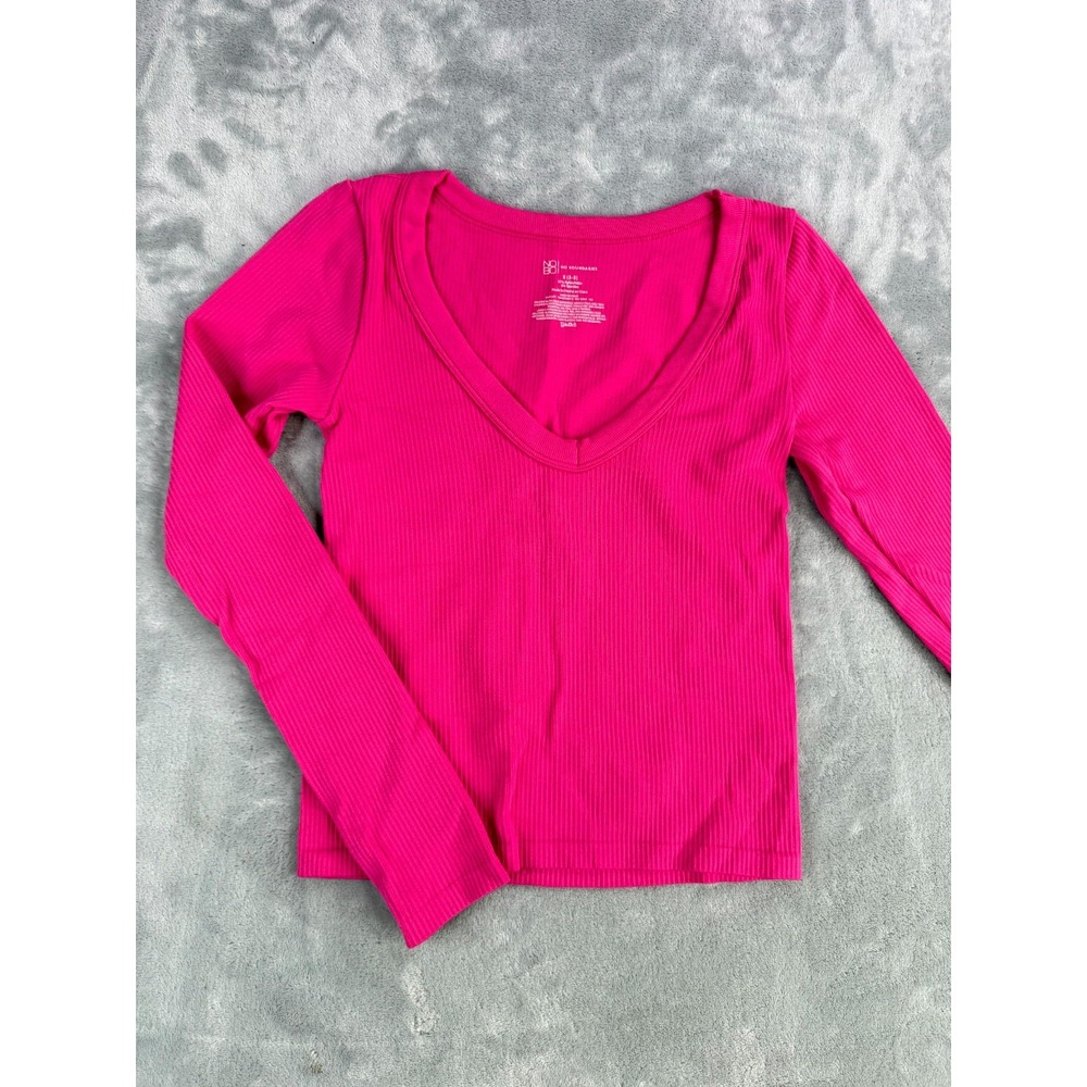 No Boundaries Ribbed Blouse Top Womens Small 3-5 Pink Stretch Fitted Deep V-Neck